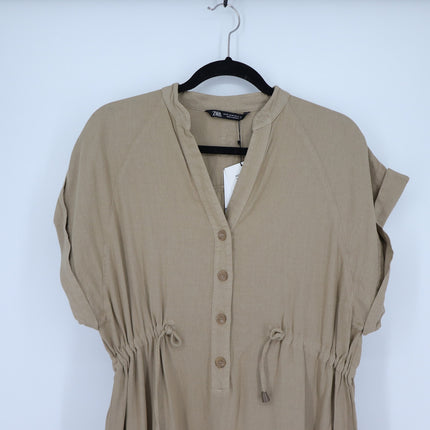 Zara Linen Blend Midi Dress Beige NWT Half Button Pullover Women's XS