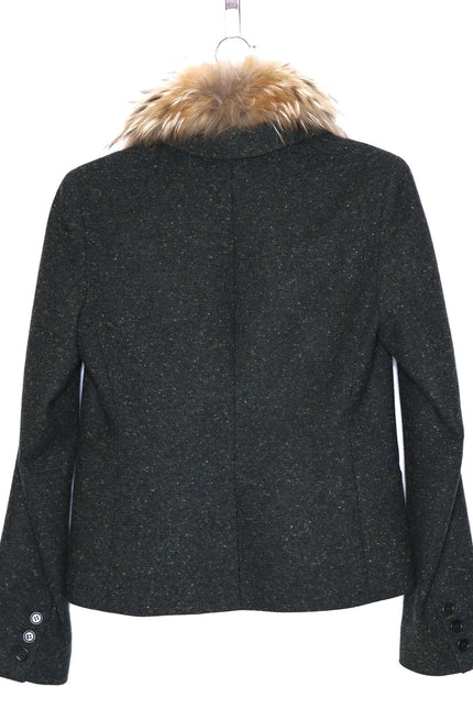 THEORY Tweed Blazer Olive Green Removable Rabbit Fur Collar Jacket Women's 8