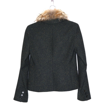 THEORY Tweed Blazer Jacket NWOT Olive Green Removable Rabbit Fur Collar Women's 8