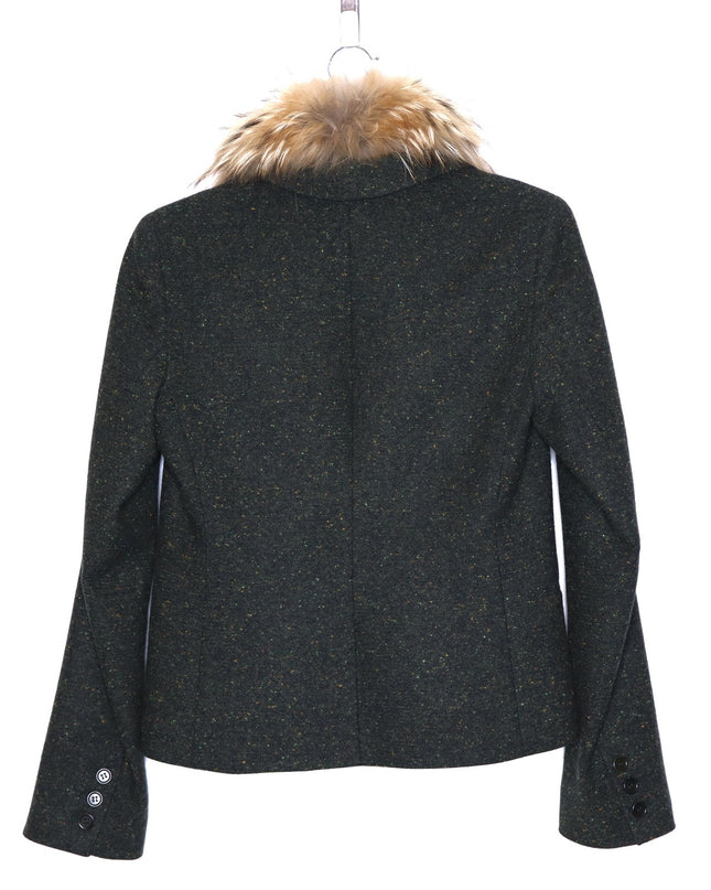 THEORY Tweed Blazer Jacket NWOT Olive Green Removable Rabbit Fur Collar Women's 8