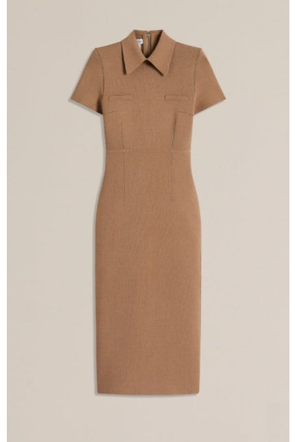 SCANLAN THEODORE Crepe Knit Collar Dress NWT Beige Camel Quiet Luxury Women's L