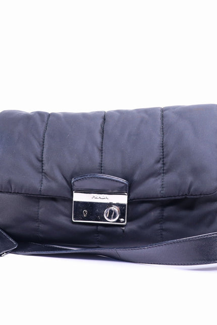 PRADA Tessuto Nylon Bomber Sound Bag Black Leather Adjustable Shoulder Strap