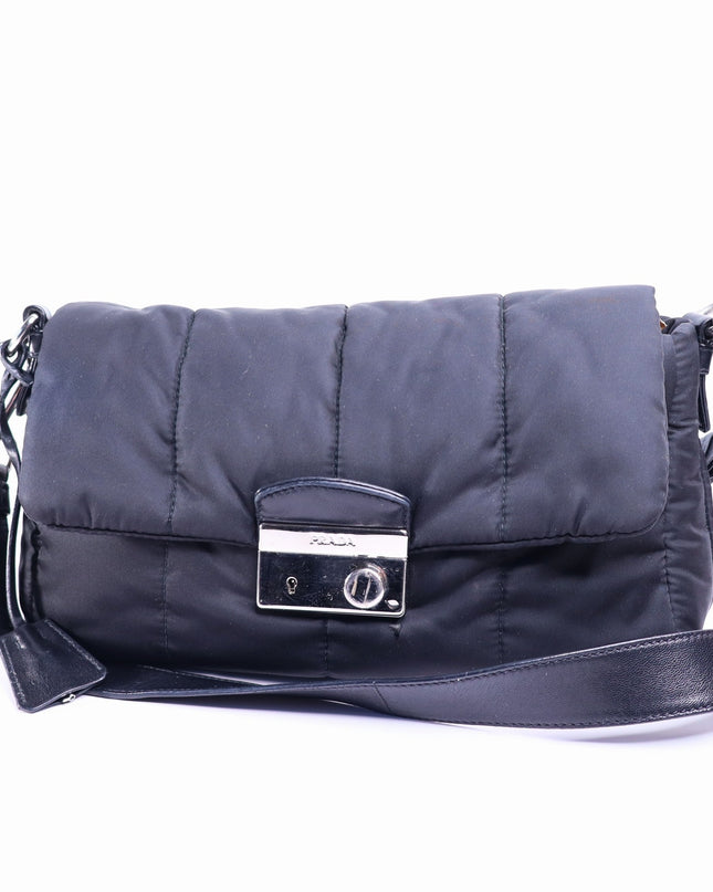 PRADA Tessuto Nylon Bomber Sound Bag Black Leather Adjustable Shoulder Strap