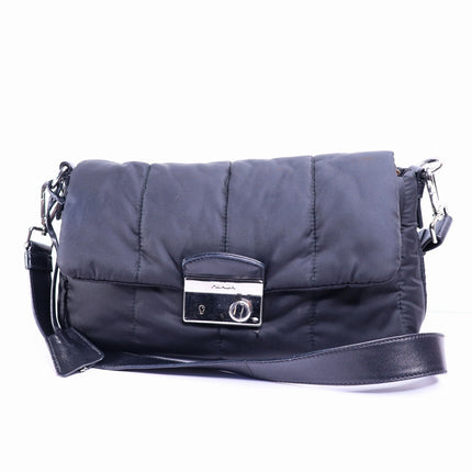 PRADA Tessuto Nylon Bomber Sound Bag Black Leather Adjustable Shoulder Strap