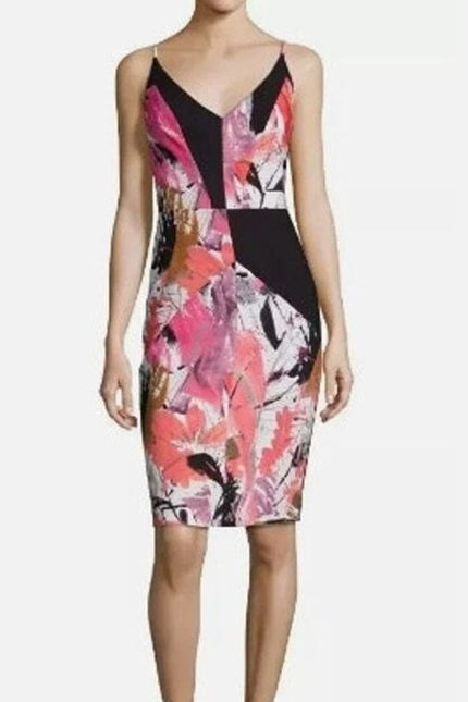 BLACK HALO Judy Floral Sheath Dress Black and Pink V Neck Ponte Knit Women's 10