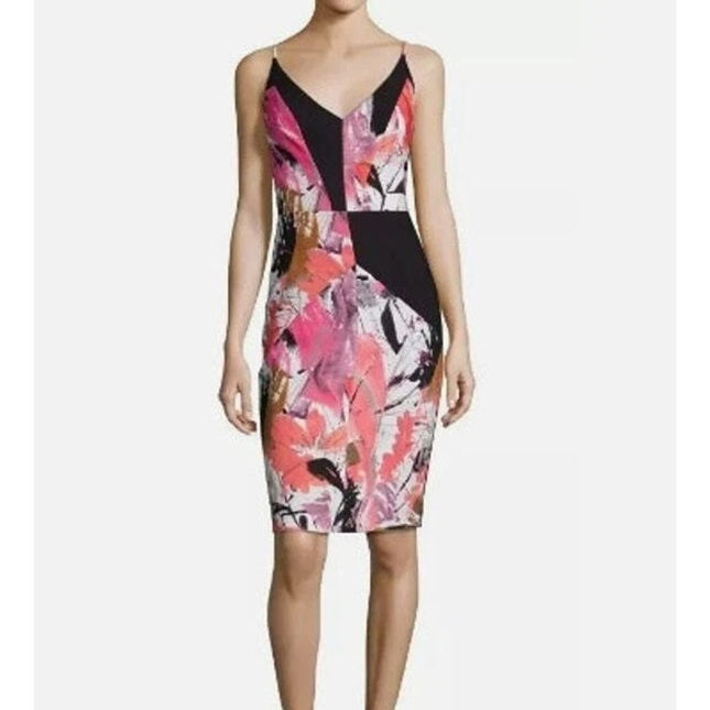 BLACK HALO Judy Floral Sheath Dress Black and Pink V Neck Ponte Knit Women's 10