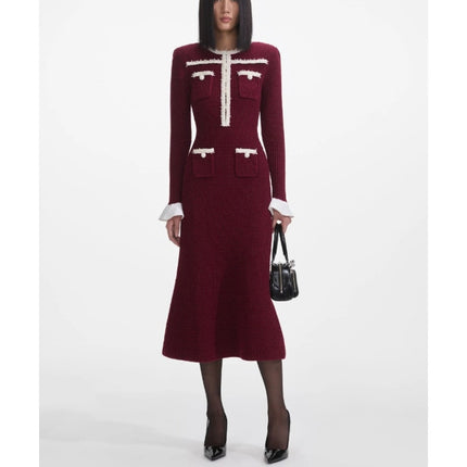 Self-Portrait Burgundy Pearl Trim Knit Midi Dress Long Sleeve Women's M