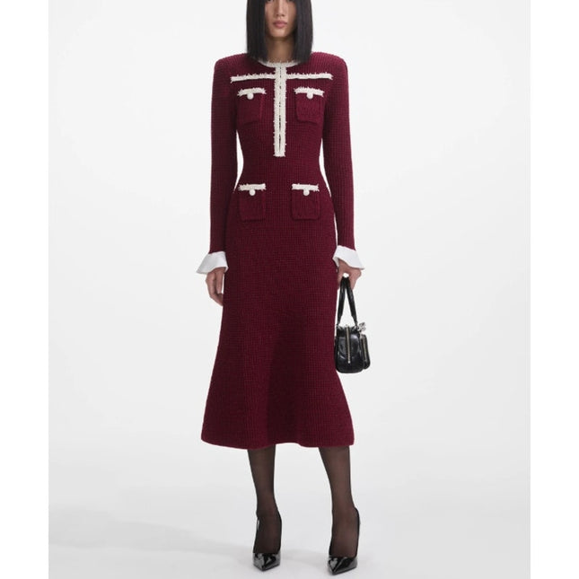Self-Portrait Burgundy Pearl Trim Knit Midi Dress Long Sleeve Women's M