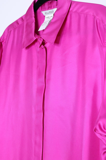 MAX MARA Silk Satin Button Down Shirt Fuchsia Pink Long Sleeve Blouse Women's 16