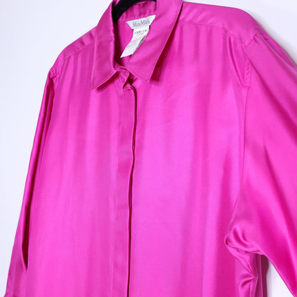 MAX MARA Silk Satin Button Down Shirt Fuchsia Pink Long Sleeve Blouse Women's 16