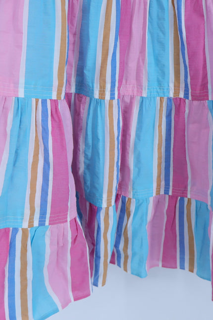 LEMLEM Liya Kebede Tiered Dress Striped Pink Multi Midi Flutter Sleeve Women's M