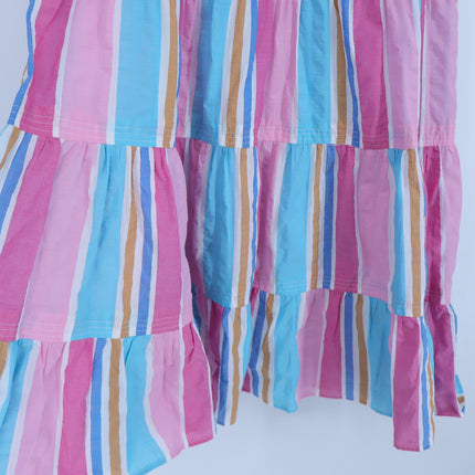 LEMLEM Liya Kebede Tiered Dress Striped Pink Multi Midi Flutter Sleeve Women's M