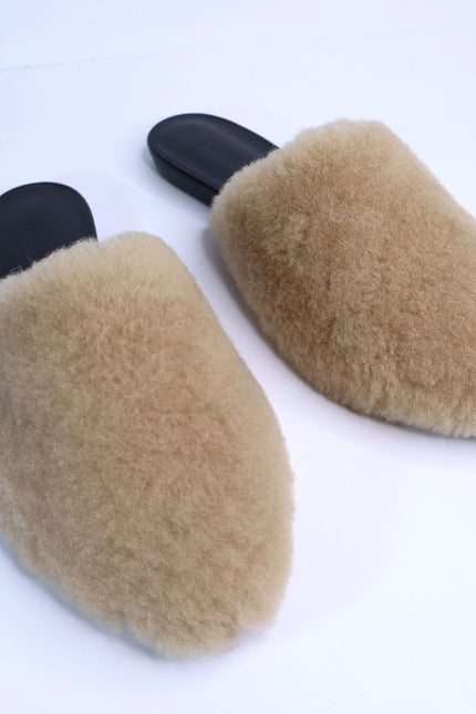 JENNI KAYNE Shearling Slip On Mule Flats Tan Leather Pointed Toe Women's 36/US 6