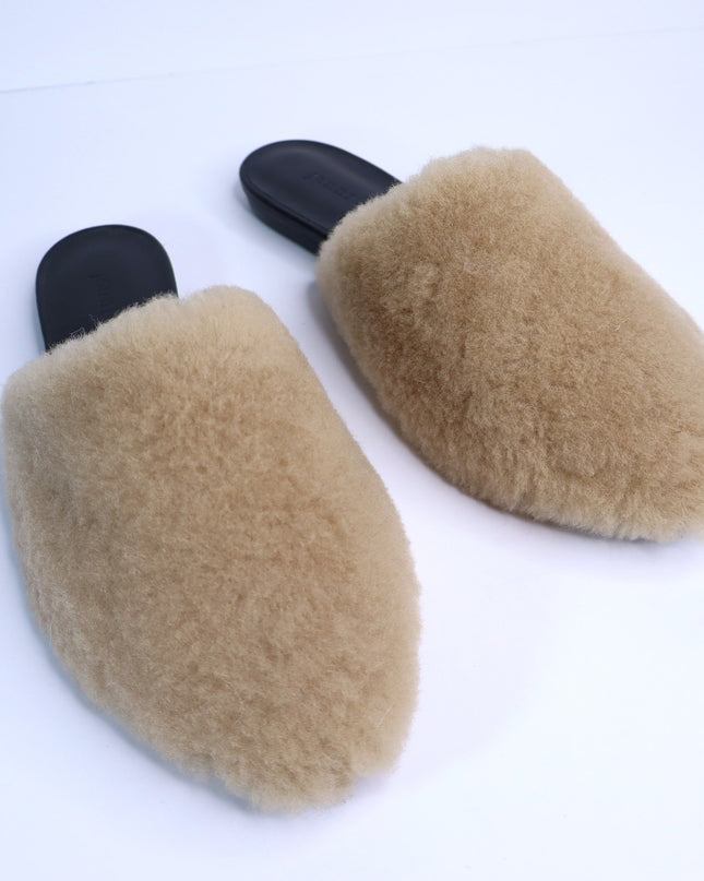 JENNI KAYNE Shearling Slip On Mule Flats Tan Leather Pointed Toe Women's 36/US 6