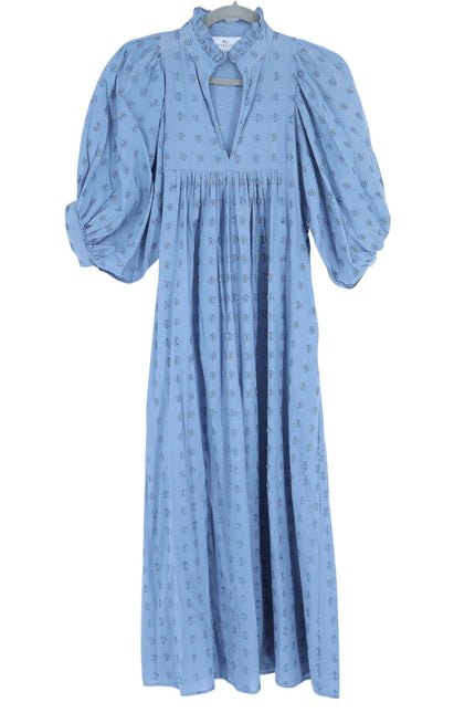 NEVER A WALLFLOWER High Neck Midi Dress Blue Cross Hatch Puff Sleeve Women's XS