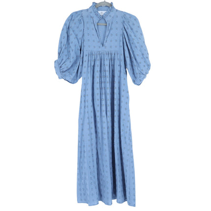 NEVER A WALLFLOWER High Neck Midi Dress Blue Cross Hatch Puff Sleeve Women's XS