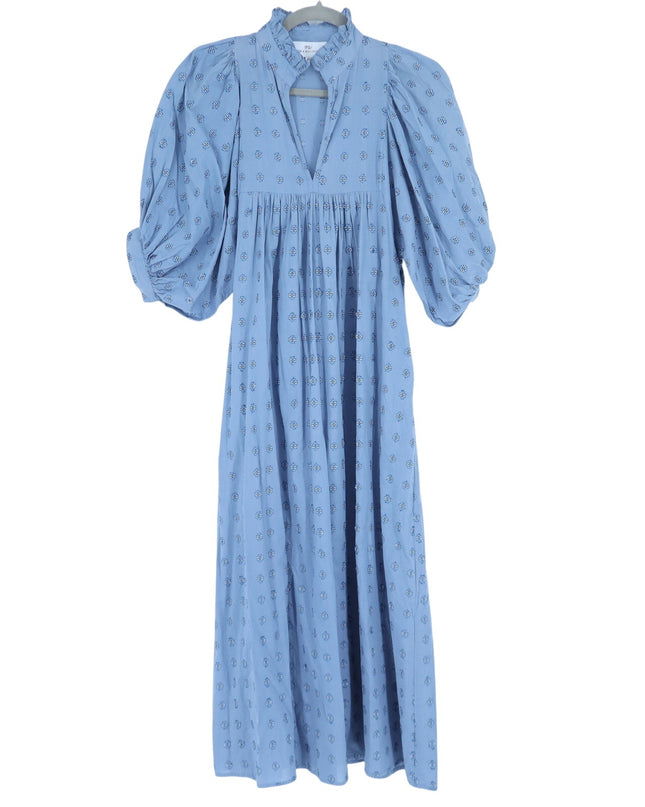 NEVER A WALLFLOWER High Neck Midi Dress Blue Cross Hatch Puff Sleeve Women's XS