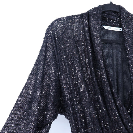 ZARA Draped Sequin Blouse Black Surplice V-Neckline Long Sleeve Women's S