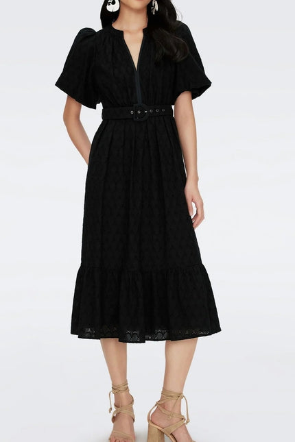 DIANE VON FURSTENBERG Polina Cotton Dress Black Eyelet Puff Sleeve Women's 6