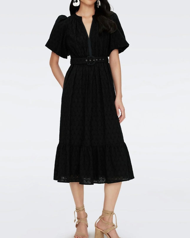 DIANE VON FURSTENBERG Polina Cotton Dress Black Eyelet Puff Sleeve Women's 6
