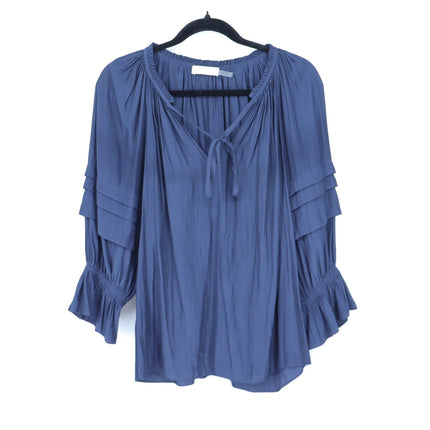 Ramy Brook Randi Puff Sleeve Top Navy Blue Split Tie Neck Satin Women's M