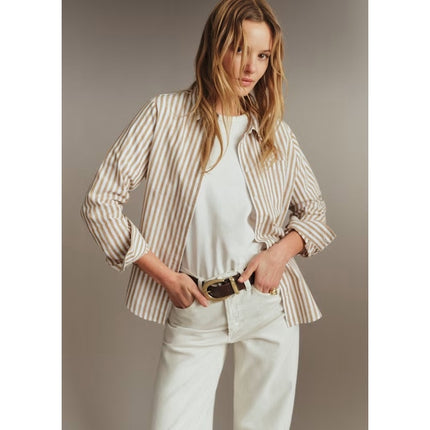 Sezane Tomboy Shirt Ecru Camel Stripes Button Up Long Sleeve Women's 44/US 12
