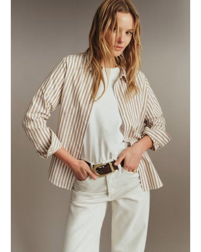 Sezane Tomboy Shirt Ecru Camel Stripes Button Up Long Sleeve Women's 44/US 12