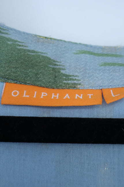 OLIPHANT Ruffle V-Neck Maxi Dress Chitka Blue Green Printed Sleeveless Women's L