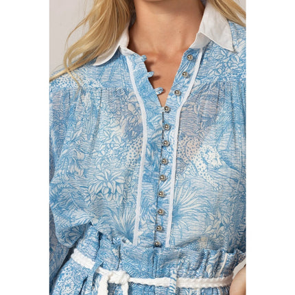 MISS JUNE Mona Button Up Blouse Blue Printed Cotton Short Sleeve Women's S/M