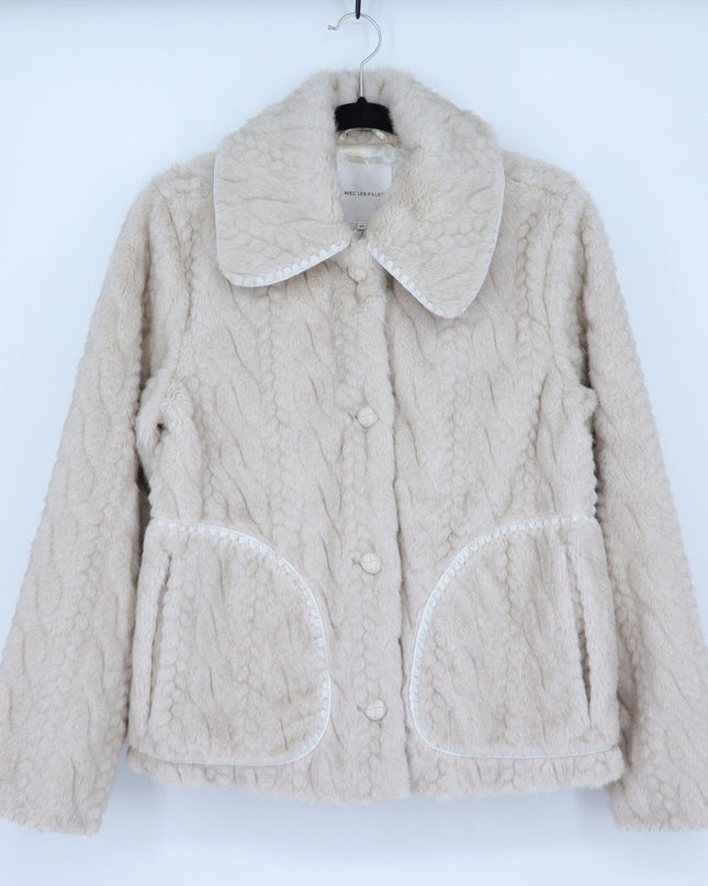 Avec Les Filles Faux Fur Cable Knit Jacket Beige Button Up Collared Women's XS