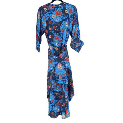 FARM Rio Arabesque Floral Midi Dress Blue Wrap Tie Puff Sleeve Women's S