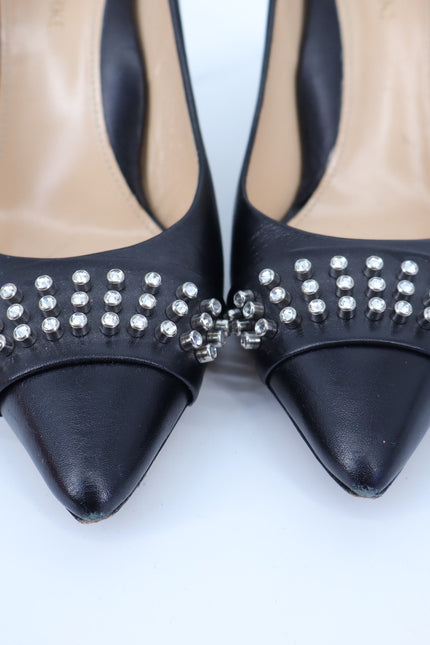 MARION PARKE CZ Studded Pumps Black Leather Pointed Toe Heel Women's 38.5/US 8.5