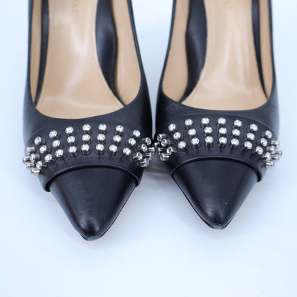 MARION PARKE CZ Studded Pumps Black Leather Pointed Toe Heel Women's 38.5/US 8.5