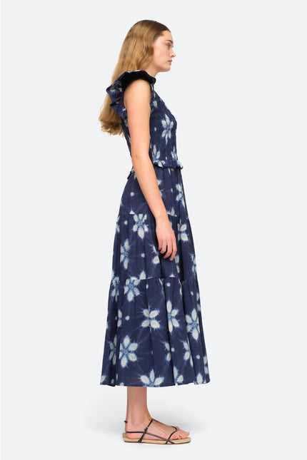 SEA Isla Midi Dress Navy Print Smocked Cotton Peasant Flutter Sleeve Women's 4