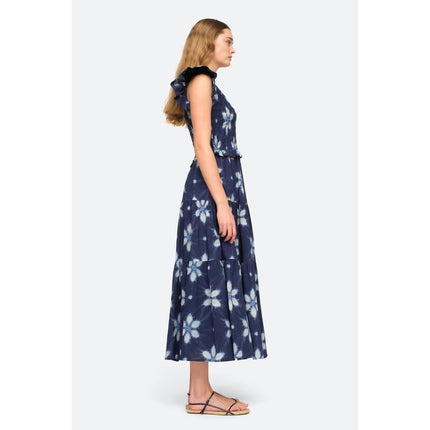SEA Isla Midi Dress Navy Print Smocked Cotton Peasant Flutter Sleeve Women's 4