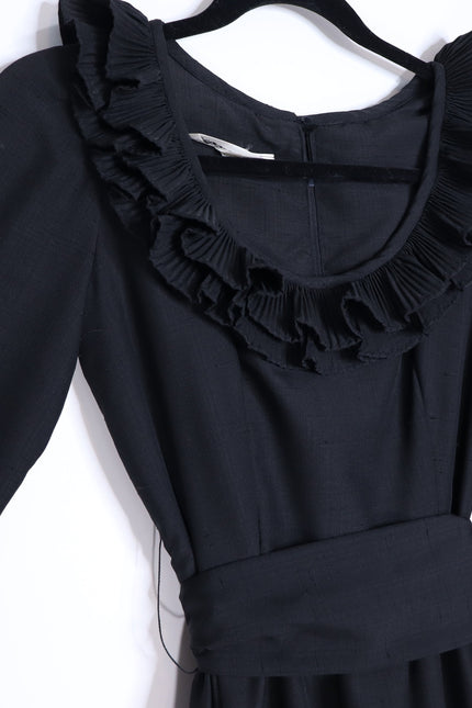 VICTOR COSTA Vintage 90s Midi Dress Black Ruffled Trim Long Sleeve Women's 4