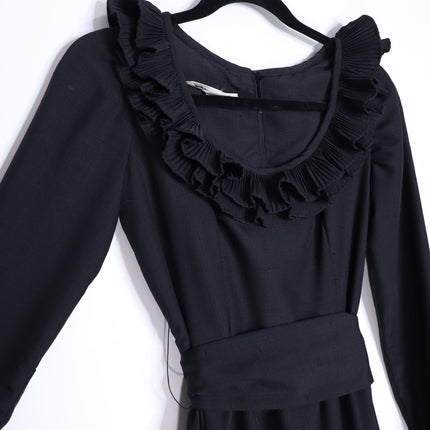 VICTOR COSTA Vintage 90s Midi Dress Black Ruffled Trim Long Sleeve Women's 4