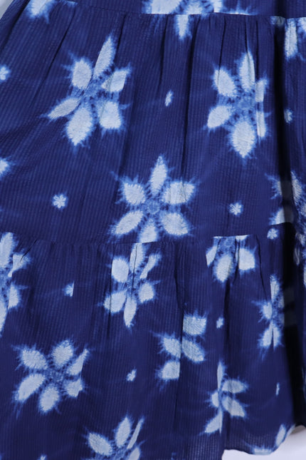 SEA Isla Midi Dress Navy Print Smocked Cotton Peasant Flutter Sleeve Women's 4