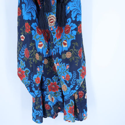 FARM Rio Arabesque Floral Midi Dress Blue Wrap Tie Puff Sleeve Women's S