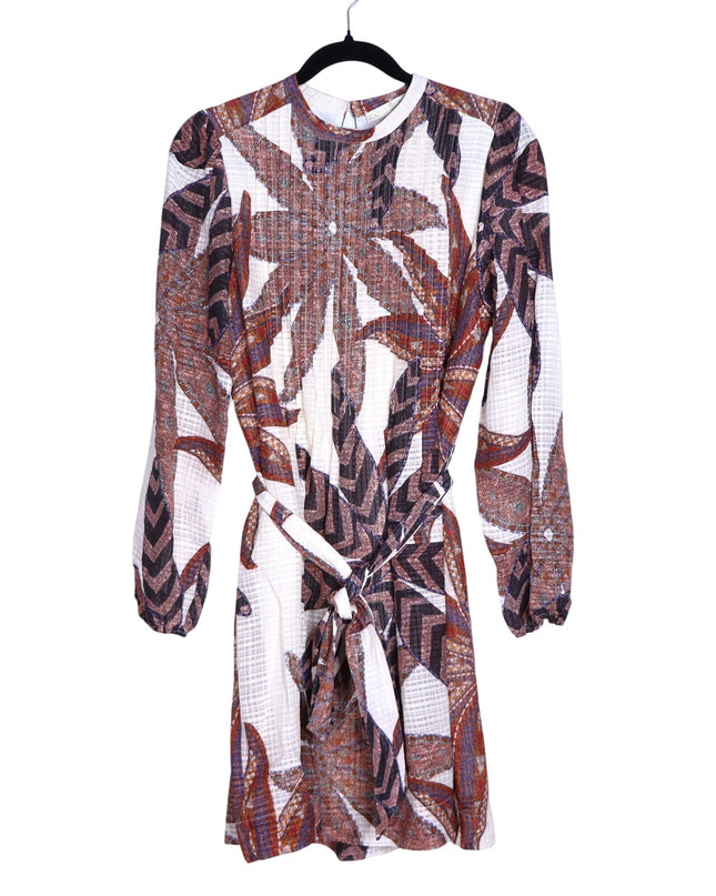 MARIE OLIVER Catie Mini Dress Anise Print Pleated Long Sleeve Women's S