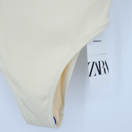 Zara Ribbed One Piece Swimsuit Butter Yellow NWT Plunge Neck High Hip Women's S