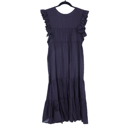 Mille Esme Midi Dress Black Textured Cotton Swiss Dot Tassel Tie Women's XS