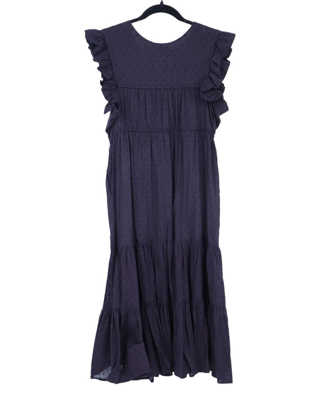Mille Esme Midi Dress Black Textured Cotton Swiss Dot Tassel Tie Women's XS