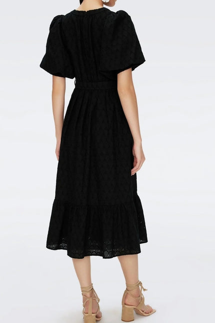 DIANE VON FURSTENBERG Polina Cotton Dress Black Eyelet Puff Sleeve Women's 6