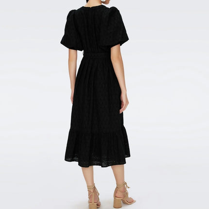 DIANE VON FURSTENBERG Polina Cotton Dress Black Eyelet Puff Sleeve Women's 6
