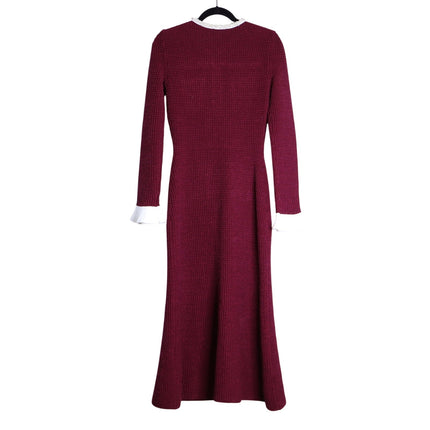 Self-Portrait Burgundy Pearl Trim Knit Midi Dress Long Sleeve Women's M