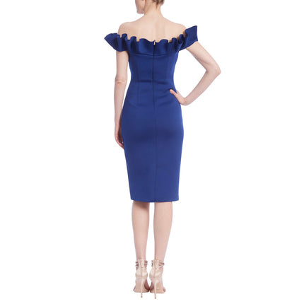 BADGLEY MISCHKA Ruffled Off-Shoulder Sheath Dress Navy Stretch Scuba Women's 4