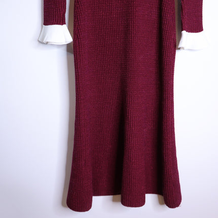 Self-Portrait Burgundy Pearl Trim Knit Midi Dress Long Sleeve Women's M