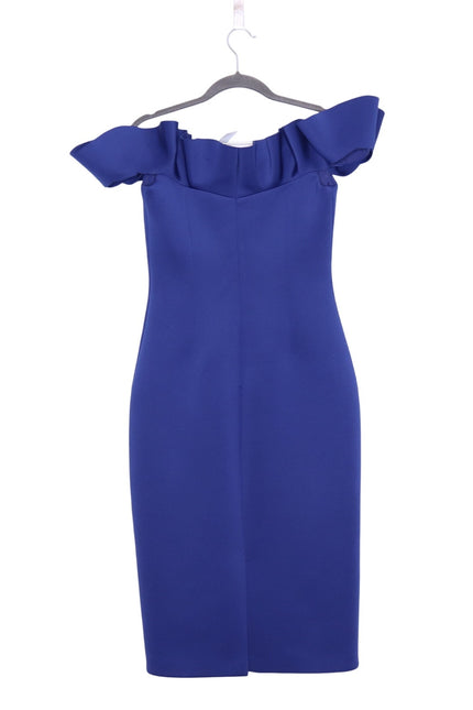 BADGLEY MISCHKA Ruffled Off-Shoulder Sheath Dress Navy Stretch Scuba Women's 4