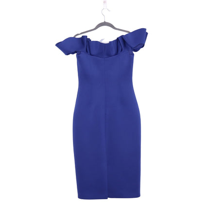 BADGLEY MISCHKA Ruffled Off-Shoulder Sheath Dress Navy Stretch Scuba Women's 4